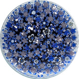 The image is a circular arrangement of blue and white flower-shaped objects, creating a visually appealing and colorful display.