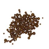 numerous brown spherical objects scattered across a white background.