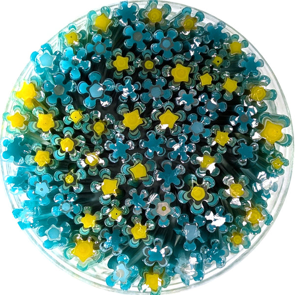 The image is a circular arrangement of numerous small blue and yellow flowers, creating a vibrant and colorful display.