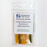 A package of Murrine Sticks, a product made in Portland, Oregon, containing orange and medium blue butterflyflies 96.