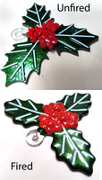 two pictures of a christmas holly ornament