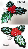 two pictures of a christmas holly ornament