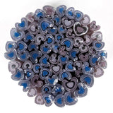 a circular arrangement of heart-shaped objects in various shades of blue and purple.