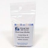 A package of Murrine Sticks from Glacier Art Glass, containing cobalt blue and petal pink hearts.