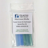 A package of pastel green and hydrangea butterfly sticks from Glacial Art Glass, made in Portland, Oregon, and 100% oceanside 96 glass.