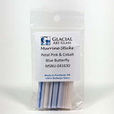 A package of Murrine Sticks from Glacier Art Glass, containing petals in pink and cobalt, and blue butterfly colors.