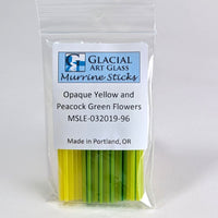A package of Glacial Art Glass Murrine Sticks, which are made in Portland, Oregon. The package contains a clear plastic bag with a label that provides information about the product.