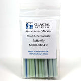 A package of Murrine Sticks mint and periwinkle butterfly glass, made in Portland, Oregon, 100% Bullseye glass.