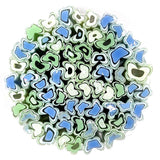 The image is a circular arrangement of various colored and shaped objects, including blue, green, and white shapes, creating a visually interesting and abstract composition.