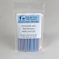A package of Murrine Sticks, a type of periwinkle and red flowers, made in Portland, Oregon.