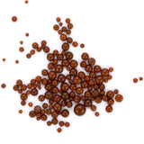 numerous brown spherical objects scattered across a white background.