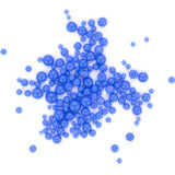 numerous small, round blue spheres scattered across a white background.