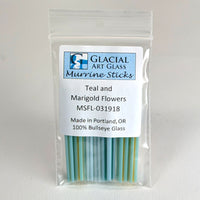 A package of Marigold and Teal art glass sticks, made in Portland, Oregon, with 100% Bullseye glass.