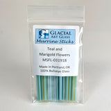 A package of Marigold and Teal art glass sticks, made in Portland, Oregon, with 100% Bullseye glass.