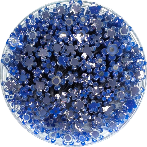 a circular arrangement of blue and silver flower-shaped objects, creating a visually striking and colorful display.
