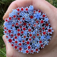 A hand holding a circular arrangement of blue and red flower-shaped objects.