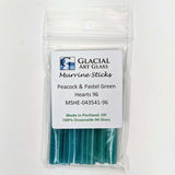 A package of green glass sticks from Glacial Art Glass, made in Portland, Oregon, and containing 96 hearts.