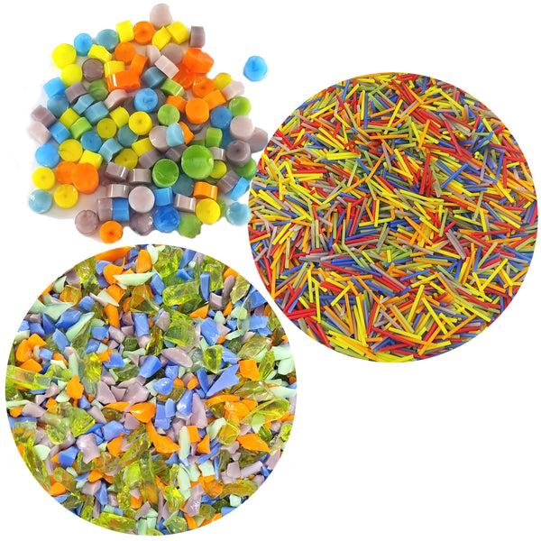 Springtime Fusible Glass COE 96 Microwave Kiln Combo Pack - Dots, Stringfetti, and Frit Blend + Murrine