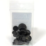 Bag of black round foam pads with a brand label on a white background