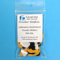 Halloween-themed cutouts including a black cat, pumpkins, bats, ghosts, and a witch's hat on a blue background.