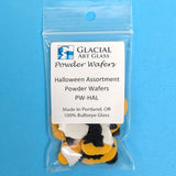 Halloween-themed cutouts including a black cat, pumpkins, bats, ghosts, and a witch's hat on a blue background.