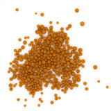 a pile of small, round, orange-colored objects scattered on a white background.