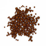 a collection of brown spheres or beads scattered on a white background.
