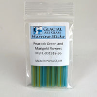 A package of Marigold and Peacock Green glass sticks, made in Portland, Oregon.