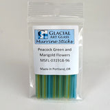 A package of Marigold and Peacock Green glass sticks, made in Portland, Oregon.