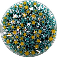 The image is a circular arrangement of various colored glass beads, including yellow and blue, creating a vibrant and colorful display.