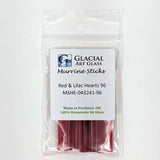 A package of Murrine Sticks from Glacier Art Glass, made in Portland, Oregon, containing red and lilac hearts with a MSHE code of 043241-96.