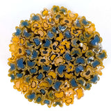 The image is a circular arrangement of various colored beads, including yellow, blue, and orange, creating a visually appealing and vibrant design.