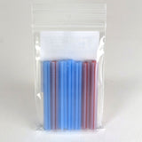 A clear plastic bag containing a set of blue and red plastic straws.