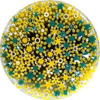 The image is a circular arrangement of yellow and green flower-shaped objects, creating a visually appealing and colorful display.