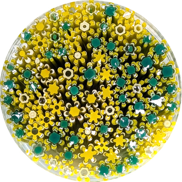 The image is a circular arrangement of yellow and green flower-shaped objects, creating a visually appealing and colorful display.