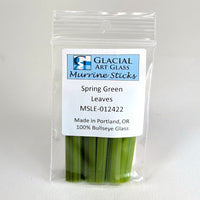 A package of spring green leaves from the Glacier Art Glass Murrine Sticks, made in Portland, Oregon and containing 100% Bullseye glass.