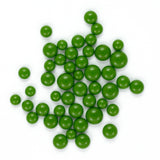 a collection of green spheres or beads arranged in a scattered pattern on a white background.